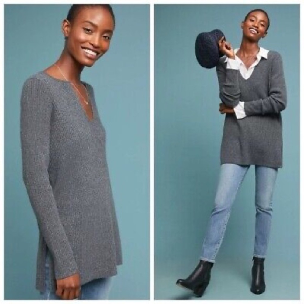 Anthropologie Amrita ett:twa | Wool Ribbed V Neck Side Split Sweater Gray XL